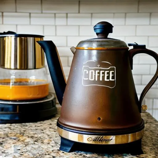 Prompt: a vintage coffee pot sitting on a stove with the words "Over Coffee" painted on it