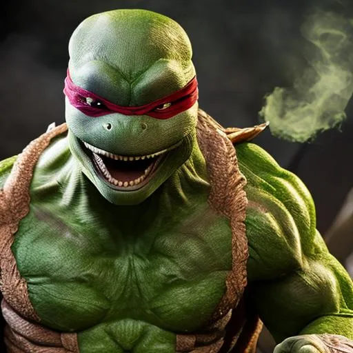 Prompt: Teenage Mutant Ninja Turtles, green, real sweaty face, realistic sweat drops, angry look, red eyes, side view, virtual reality, photorealistic, mystery, revenge, smoke