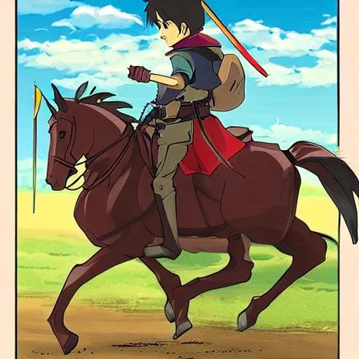 Prompt: A young boy riding a horse with a sword make it more anime look like

