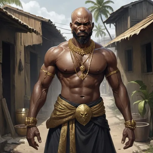 Prompt: Full body, Fantasy illustration of a male black brigand, 38, strong and robust, dark black skin, bald head and short beard, extensive golden jewelry, traditional garment, angry expression, ominous atmosphere, high quality, rpg-fantasy, detailed, tropical french colonial Slum background