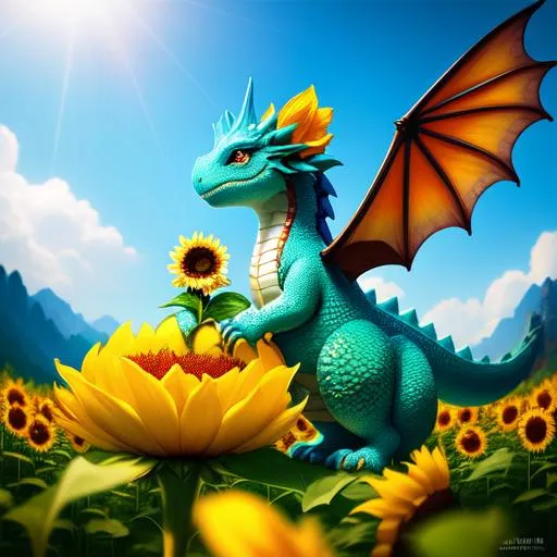 Prompt: Extremely Ultrarealistic Photorealistic cute dragon holding a sunflower, by James Jean and Android Jones: Jeff Koons: Erin Hanson: Joe Fenton: Dan Mumford: professional photography, natural lighting, volumetric lighting maximalist photoillustration 8k resolution concept art intricately detailed, complex, elegant, expansive, fantastical: