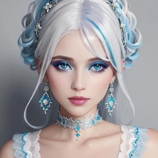 Prompt: A beautiful woman, white hair with pastel highlights, blue eyes, blue eyeshadow, blue jewels on forehead