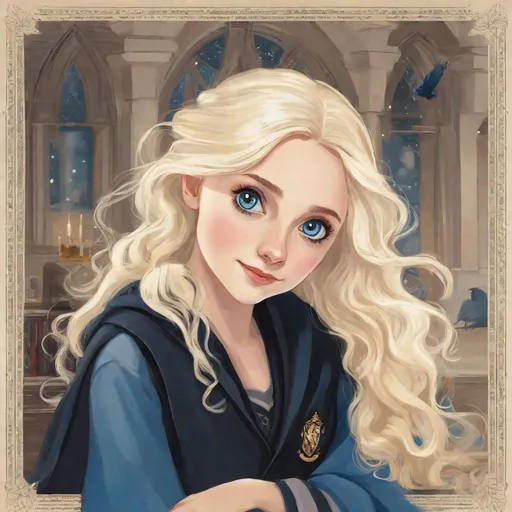 Prompt: luna lovegood as described in the book, platinum blond waist length hair, blue big eyes, black hogwarts robe, ravenclaw