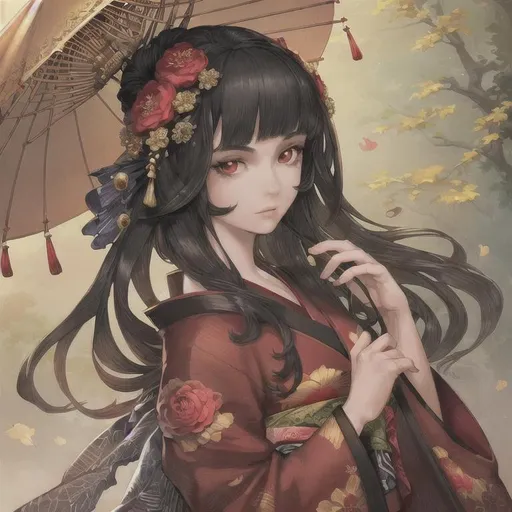 Prompt: masterpiece, illustration, best quality:1.2), 1girl, solo, black hair, dignfied, finely detailed, detailed face, toned face, beautiful detailed eyes, beautiful detailed shading, beautifully detailed background, fallen leaf, autumn, red kimono, flower hair ornament