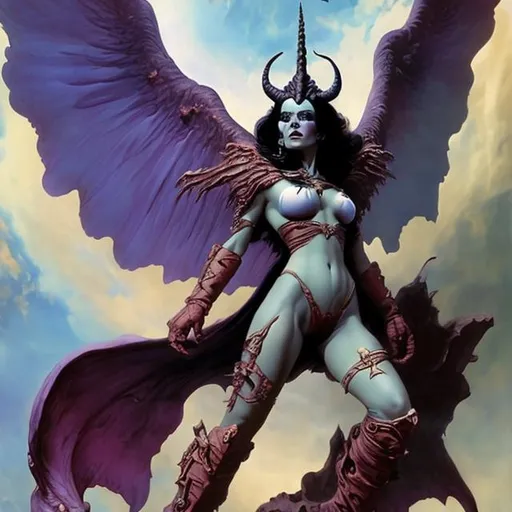 Prompt: space demoness with wings, color, gauntlets and boots, pretty face, dark hair, Dariusz Zawadzki, frank frazetta, boris vallejo