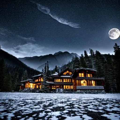 Prompt:  house, horror, at midnight ,  full moon shining bright , mountain , dark forest , fire, fall of snow's.