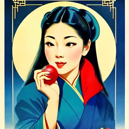 Prompt: Please paint  a portrait of a beautiful Chinese girl looks like  with her mouth slightly open and a surprised look on her face.  Hand touching her cheek 1930 Chinese advertising art, 1930 Oriental travel poster, Art Deco, Oriental retro