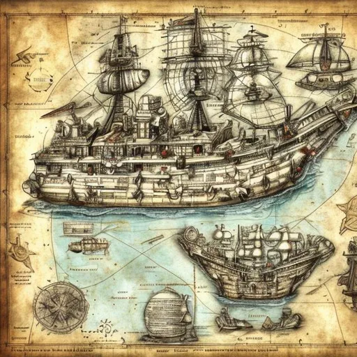 Prompt: A ships schematic that is also a treasure map