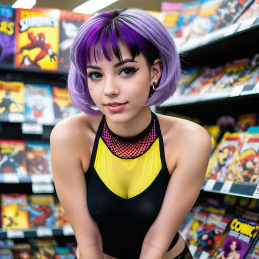 Prompt: A cute young 19-year-old girl (short, slim body type), detailed angular facial features and skin tone, small cute pointed or angular nose, (short purple hair with black at the ends curling up by neck), posing earing fishnet stockings and tight short shorts with a colorful neck strapped top.  In comic store browsing comic books.