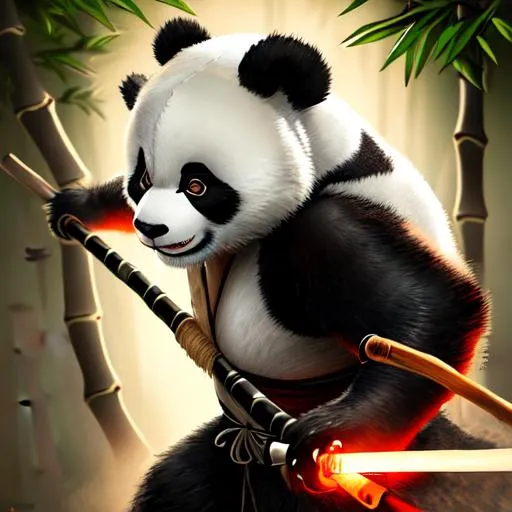 Prompt: Panda dressed in ninja clothes, chinese hat, katana in right hand,bamboo in left hand, Panda body, Roaring, dramatic lighting, 8k, portrait,realistic, fine details, photorealism, cinematic ,intricate details, cinematic lighting, photo realistic 8k in forest bamboo