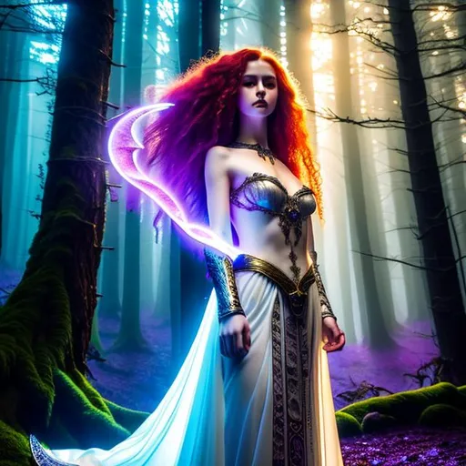 Prompt: Detailed fantasy 8k mystical light portrait of a moon witch with ivory clear skin, long curly redhead hair, deep purple eyes. Gorgeous hot body, she wears elegant aderent green dress, night light, forest, dramatic, charming pose, magical, fantasy,  high detailed, dramatic light