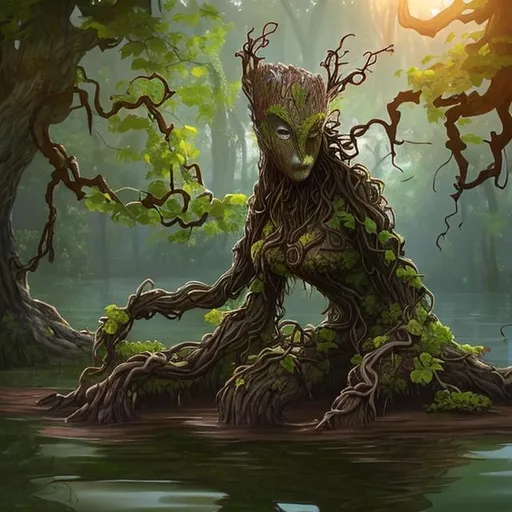 Prompt: Treant woman, (wooden skin:1.3), brown straight vines, (face made out of vines), flowers, waist deep in water, by wlop