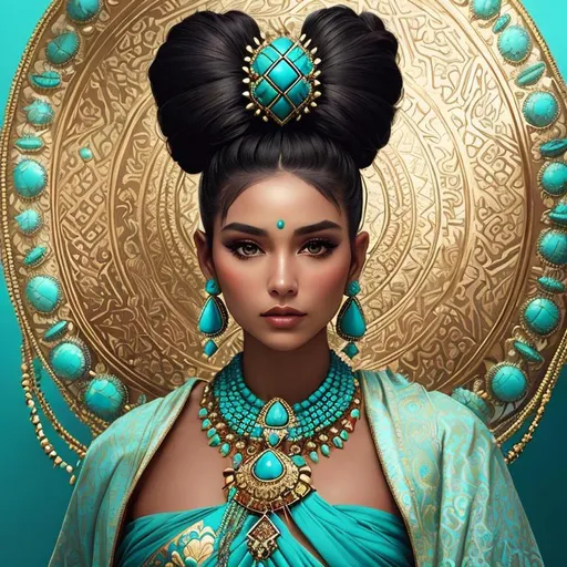 Prompt: An extremely gorgeous woman,  with top knots full of turquoise jewels, in color scheme of turquoise and gold,facial closeup
