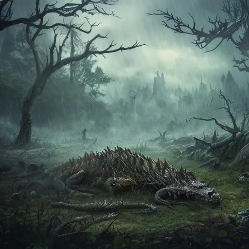 Prompt: fantasy art battlefield with rain and mist in a forest clearing.  Skeletons of fallen soldiers and a dead dragon on the ground in the background.