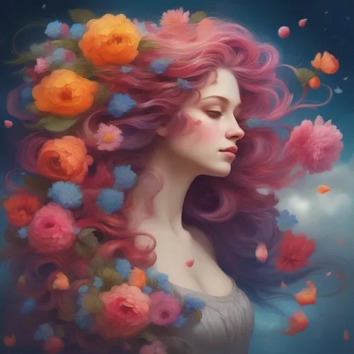 Prompt: A beautiful and colourful Persephone whose hair is made of clouds that rains down flowers
