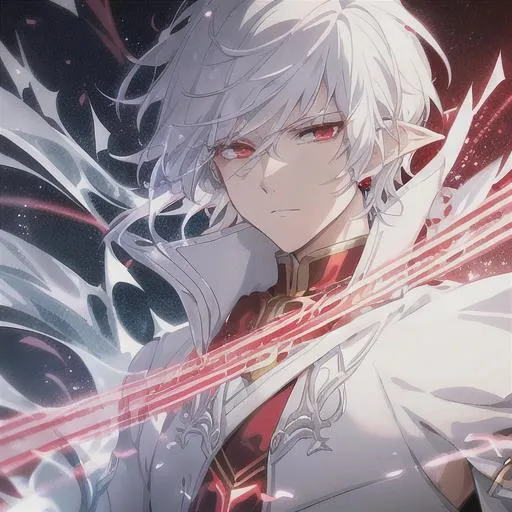 Prompt: Handsome Elf male, short white hair, extremely detailed Red sparkling eyes, a young anime man with short white hair, detailed red glowing eyes, an optimistic expression, wearing a black vampire outfit with golden chains,  fantasy, clear sparkling red glowing eyes, red eyes, intricately detailed eyes, short white hair, intricate, highly-detailed, large landscape, mechanics, dramatic lighting, gorgeous face, lifelike, stunning, anime young man face,  digital painting, large,  illustration, concept art, smooth, sharp focus, highly detailed painting, looking and smiling at viewer, full body, photography, detailed skin, realistic, photo-realistic, 8k, highly detailed, full length frame, High detail, showing full body, full body art 