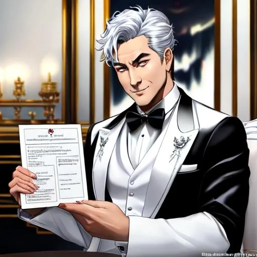 Prompt: demon god in a white and silver tux ,smirk fluctuates as he gets you to sign a unfair contract , and invites you to a tea. with a letter that contains essence of everything.