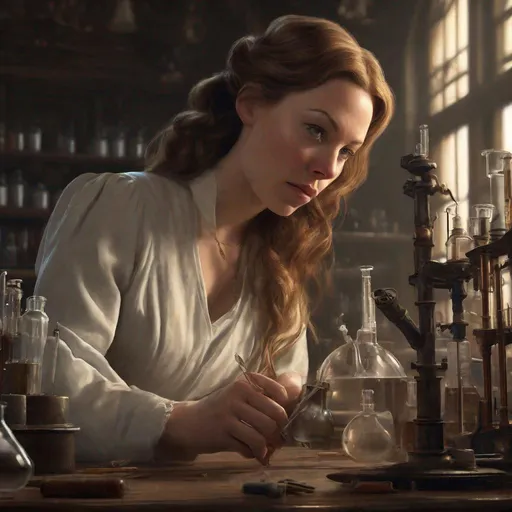 Prompt: Rebecca Ferguson, Chemistry lab setting, in the style of Adriaen van Ostade, victorian baroque fantasy sci-fi aesthetic, hyperrealism, visible face, beautifully lit, chiaoscuro, highly detailed, smooth, sharp focus, HQ, illustration, digital painting, artstation hq, behance hd
