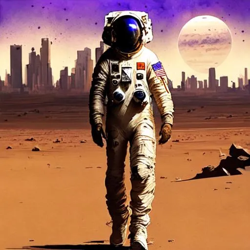 Prompt: An astronaut in the desert walking,with a post-apocalyptic city in backround