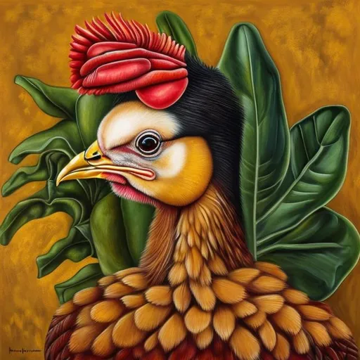Prompt: Realistic portrait of a chicken in the style of artist Frida Kahlo