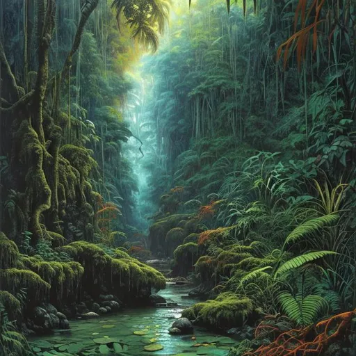 Prompt: Landscape painting, lush and dark jungle, a small stream with rocky bed, dull colors, danger, fantasy art, by Hiro Isono, by Luigi Spano, by John Stephens