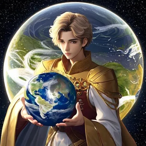 Prompt: A 25 years old prince is holding the earth in his hands. He is surrounded by stars and planets. Photorealistic. Ultrarealistic. 