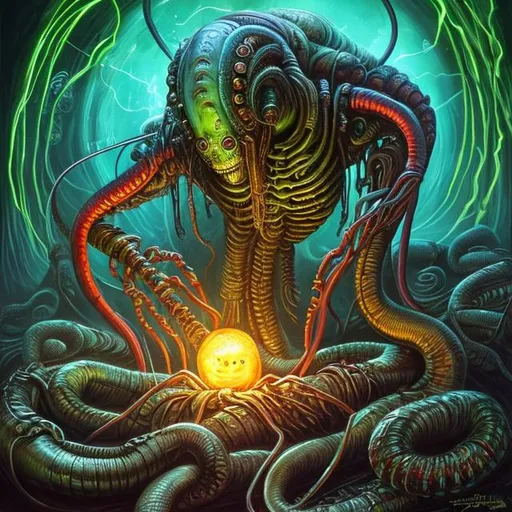 Prompt:  fantasy art style, painting, giving birth, pain, woman, woman giving birth, robotic, green, green lights, green neon lights, lightning, colourful, murky, H. R. Giger, biological mechanical, pipes, evil robot, egg, queen, queen ant, snakes, serpents, eels, tentacles, jellyfish, squid, giant robot, robot, machine, pregnant robot, war machine, inseminate, insemination, pregnancy, pregnant, mother, mother with pregnant belly, pregnant woman, futuristic, dystopian, alien, aliens, forced insemination, egg laying, procreation, breeding, brood, clutch of eggs