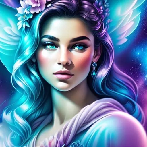Prompt: fairy goddess, ethereal,dreamscape, cosmos, pale blue colors,closeup
