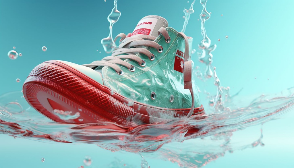 Prompt: adobe c4d hdr pxs hd, in the style of surreal fashion photography, light aquamarine and red, energy-filled illustrations, shoe paintings, conceptual portraiture, chromepunk, lightningwave