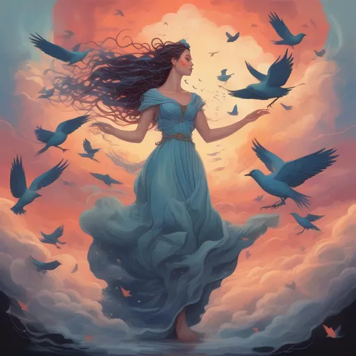 Prompt: A colourful and beautiful Persephone with rain dripping from her hair, wearing a flowing ballgown made of clouds, surround by clouds and birds in a painted style controlling lightning with her hands at sunset
