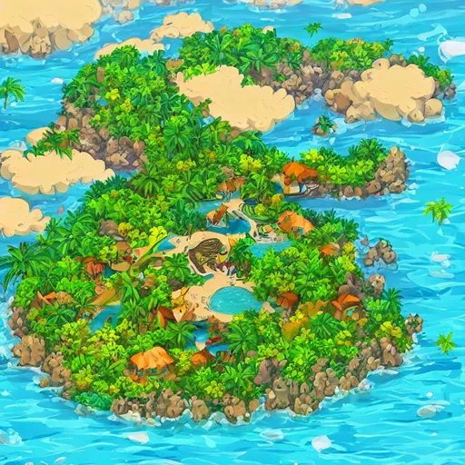 Prompt: In a bird’s eye view of a tropical island in a 2d art style, You are able to see the whole island