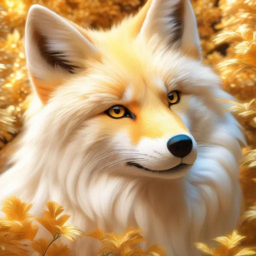 Prompt: (golden-white kitsune), realistic, photograph, epic oil painting, (hyper real), furry, (hyper detailed), extremely beautiful, shy, timid, UHD, studio lighting, best quality, professional, ray tracing, 8k eyes, 8k, highly detailed, highly detailed fur, hyper realistic creamy fur, canine quadruped, head cautiously bent forward, (high quality fur), fluffy, fuzzy, full body shot, zoomed out view of character, hyper detailed eyes, perfect composition, ray tracing, masterpiece, trending, instagram, artstation, deviantart, best art, best photograph, unreal engine, high octane, cute, adorable smile, lying on back, flipped on back, lazy, peaceful, (highly detailed background), vivid, vibrant, intricate facial detail, incredibly sharp detailed eyes, extremely thick billowing fur,  incredibly realistic golden retriever fur, concept art, anne stokes, yuino chiri, character reveal, extremely detailed fur, sapphire sky, complementary colors, golden ratio, rich shading, vivid colors, high saturation colors, silver light beams