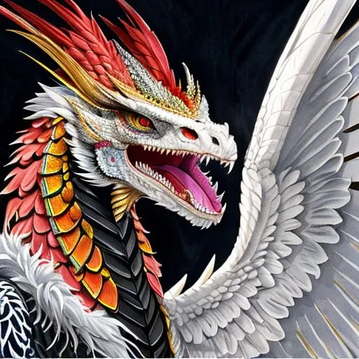 Prompt: Portrait of a roaring feathered skeleton dragon with fangs and iridescent black markings and a cute face wearing a hoodie, perfect composition, watercolor on paper with pencils, hyperrealistic, super detailed, 8k, high quality, trending art, trending on artstation, sharp focus, studio photo, intricate details, highly detailed, Trending on Artstation, Popular on Dribbble, Cozy wallpaper, Pastel colors, soft lighting