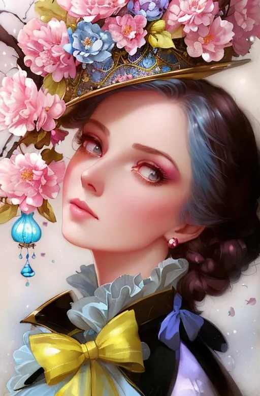 Prompt: Woman wearing light blue silk top hat.  Pink blossoms on light blue silk top hat. Gorgeous glowing beautiful charming cute, kind ghost woman portrait by Anna dittmann, gil elvgren , artgerm, catrin welz-stein, tom bagshaw, Viktoria Gavrilenko. Best quality 