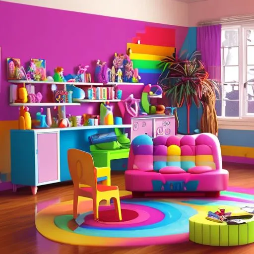 Prompt: kidcore, rainbowcore, scenecore, toycore, backrooms