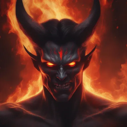 Prompt: stern, realistic, black hair, grey skin, red demon eyes, fire background, hell, souls in background,  illusions, warm colors, demon,  power, high definition, professional