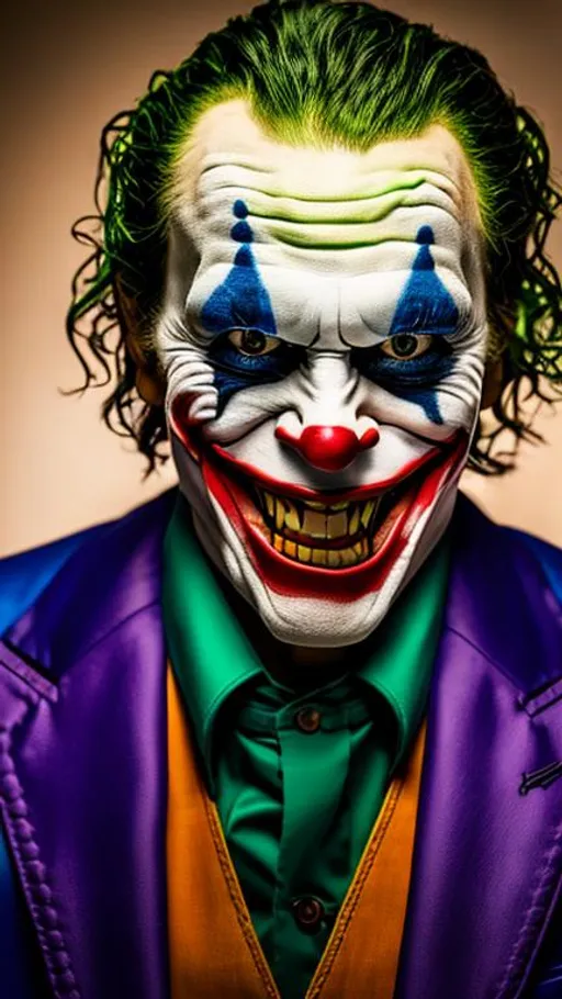 Prompt: photo realistic colored portrait of {a Joker}, centered in frame, facing camera, ideal human, 85mm lens,f8, photography, ultra details, natural light, light background, photo, Studio lighting 8k resolution 