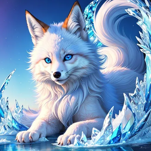 Prompt: (masterpiece, professional illustration, epic digital art, best quality:1.5), insanely beautiful female ((fox)), (canine quadruped), adolescent, ice elemental, deep blue billowing fur covered in frost, bashful hypnotic sapphire blue eyes, gorgeous 8k eyes, gorgeous silver mane covered in frost, (plump:2), finely detailed fur, hyper detailed fur, (soft silky insanely detailed fur), moonlight beaming through clouds, lying in frosted meadow, grassy field covered in frost, cool colors, professional, symmetric, golden ratio, unreal engine, depth, volumetric lighting, rich oil medium, (brilliant auroras), (ice storm), full body focus, beautifully detailed background, cinematic, 64K, UHD, intricate detail, high quality, high detail, masterpiece, intricate facial detail, high quality, detailed face, intricate quality, intricate eye detail, highly detailed, high resolution scan, intricate detailed, highly detailed face, very detailed, high resolution