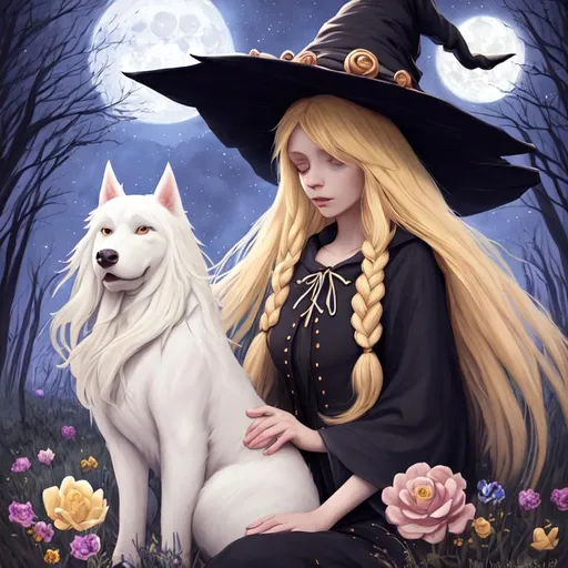 Prompt: witch with long blonde hair, wearing witch hat, cute, dreamy, big white dog, aesthetic, fairycore, disney, pixar, moon, stars, clouds, flowers, witchcraft, near a river in a forest, in a dark starry sky, clouds, beautiful, etheral, award winning illustration, artstation, highres