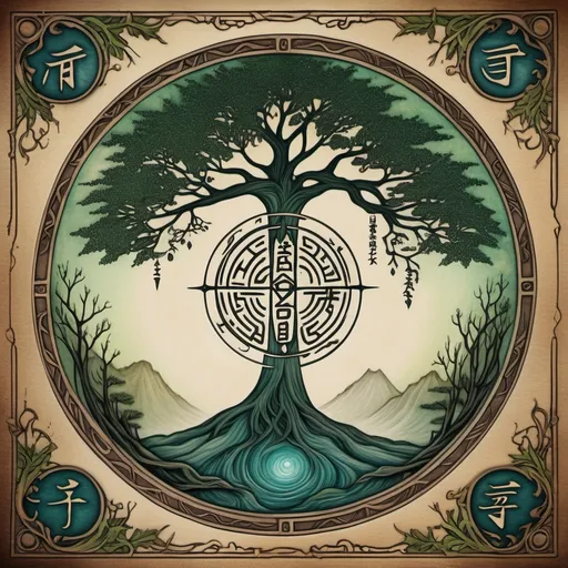 Prompt: Insignia for the Faraway Inn, mystical Elven fantasy, ancient wood engraving, ethereal glow, high quality, detailed runes and symbols, trees leaves and vines, magical ambiance, worn and weathered texture, fading light, otherworldly colors, hauntingly beautiful, mysterious and inviting, spiritual retreat, mystical, soothing aura, mystical symbols written in Japanese to welcome weary travelers to the Faraway Inn