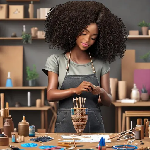 Prompt: Create an illustration of a Black woman crafting with brown curly hair. inside a craft room. hi-res. UHD, HDR. modern. futuristic. makers space. Ultra realistic. 3d rendering. 4k