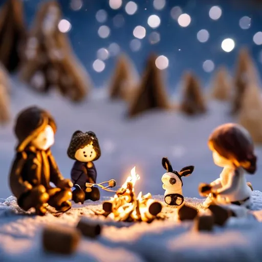 Prompt: tiny friends and a dog making smores at tiny wooden campfire string lights on a starry night in the snow
