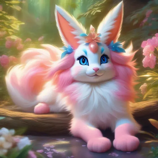Prompt: (Sylveon), realistic, photograph, epic oil painting, (hyper real), furry, (hyper detailed), extremely beautiful, (on back), sprawled, paws in the air, playful, UHD, studio lighting, best quality, professional, ray tracing, 8k eyes, 8k, highly detailed, highly detailed fur, hyper realistic creamy fur, canine quadruped, (high quality fur), fluffy, fuzzy, full body shot, zoomed out view of character, hyper detailed eyes, perfect composition, ray tracing, masterpiece, trending, instagram, artstation, deviantart, best art, best photograph, unreal engine, high octane, cute, adorable smile, lying on back, flipped on back, lazy, peaceful, (highly detailed background), vivid, vibrant, intricate facial detail, incredibly sharp detailed eyes, incredibly realistic golden retriever fur, concept art, anne stokes, yuino chiri, character reveal, extremely detailed fur, sapphire sky, complementary colors, golden ratio, rich shading, vivid colors, high saturation colors, nintendo, pokemon, silver light beams