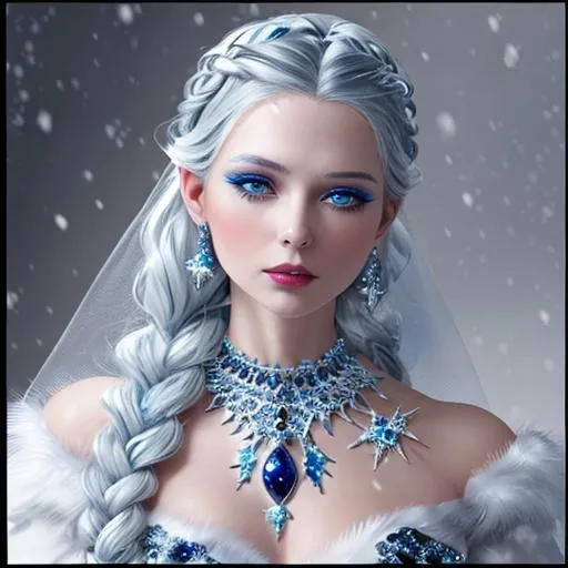 Prompt: Snow queen, wearing sapphire jewelry , silver braided hair, pretty makeup,blue eyeshadow
