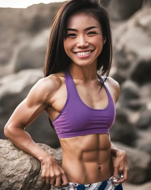 strong Asian female with 6 pack abs in bikini with b