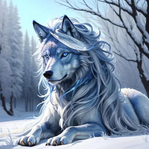 Prompt: (masterpiece, professional oil painting, epic digital art, best quality, highly detailed:1.5), extremely beautiful blue wolf, (canine quadruped), female, adolescent, ice elemental, deep royal blue fur covered in frost, (bashful hypnotic sapphire blue eyes), 8k eyes, sprawled on frosted field, insanely beautiful, gorgeous billowing silver mane covered in frost, (plump:2), brightly glistening fur, thick silky glistening mane, by Anne Stokes, by Yuino Chiri, mid close up, detailed smiling face, finely detailed fur, hyper detailed fur, (soft silky insanely detailed fur), moonlight beaming through clouds, grassy field covered in frost, fluffy fox ears, highly detailed mouth, cool colors, beaming sun, professional, symmetric, golden ratio, unreal engine, depth, volumetric lighting, rich oil medium, (brilliant auroras), (ice storm), full body focus, beautifully detailed background, highly detailed defined furry legs, cinematic, 64K, UHD, intricate detail, high quality, high detail, masterpiece, intricate facial detail, high quality, detailed face, intricate quality, intricate eye detail, highly detailed, high resolution scan, intricate detailed, highly detailed face, very detailed, high resolution