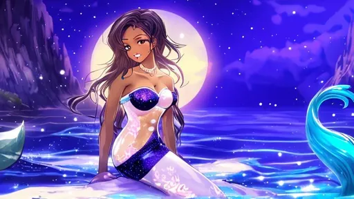 Prompt: Anime, Princess, Ebony Skin, Mermaid, Lake, Water, Moon, Busty, 4k, HD, High Quality, Effect.
