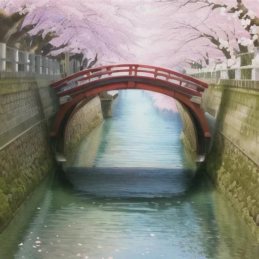 Prompt: a river, cherry blossoms, bridge