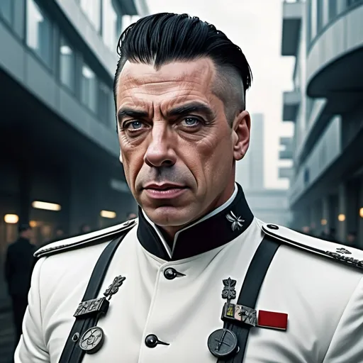 Prompt: full body portrait of Till Lindemann, undercut hair wearing a modern military german ceremonial uniform, science fiction, strong and fit figure, realistic war painting, soft natural lighting, high quality, realistic, detailed, government, scifi, futuristic, large populated beautiful clean futuristic city in backdrop,