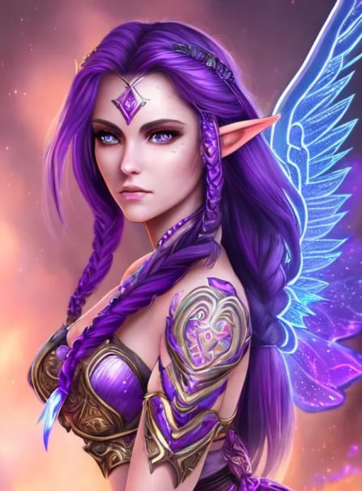 Prompt: Beautiful female battle warrior, strong powerful femaleenergy, ethereal, hd, intricately detailed,  purple colors, night elf, braided hair, holographic wings